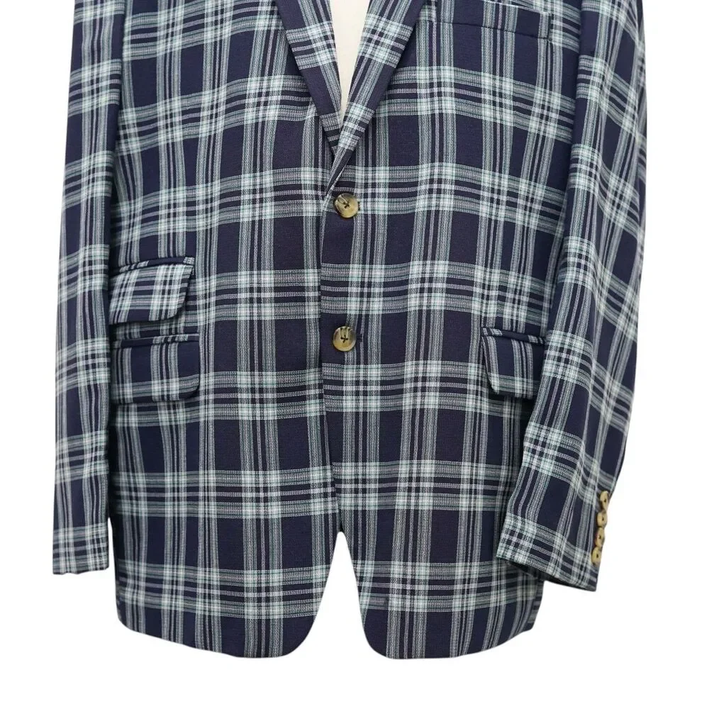 Mens 48R Navy Blue Green Plaid Cotton Blazer 2 Button Sport Coat Wedding Formal